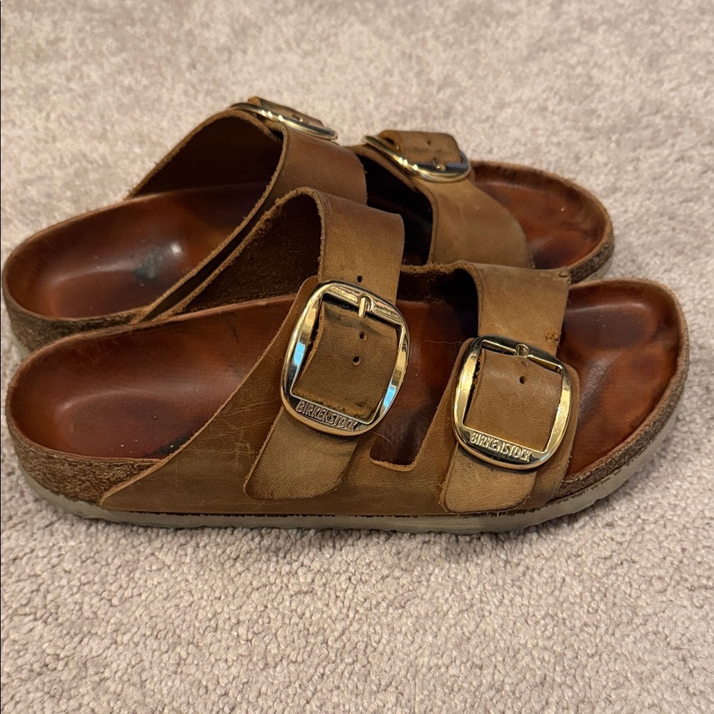 Birkenstock women Tan Sandals with Gold Buckles
